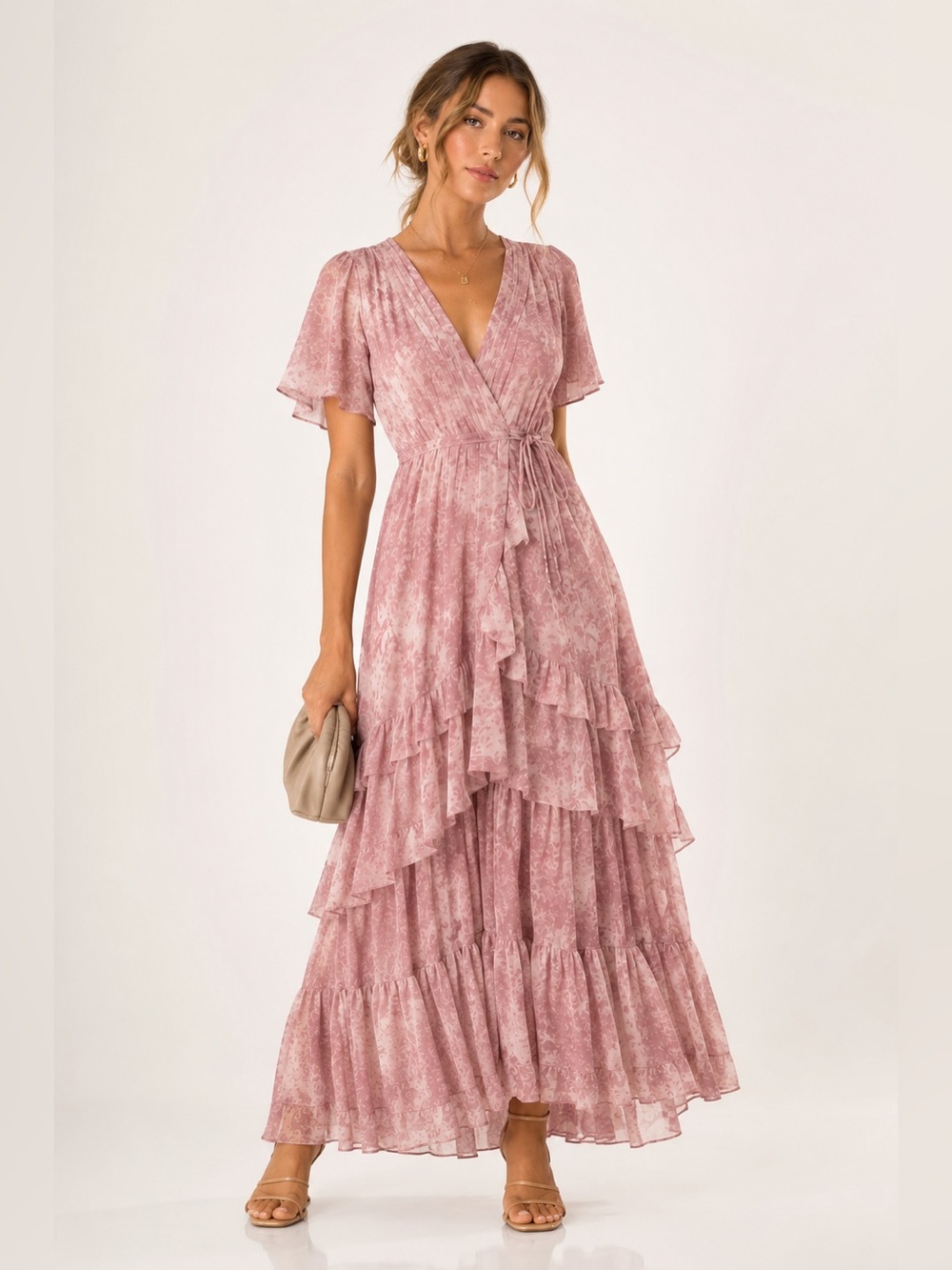 Juicy Couture 100% Silk Chiffon Tiered Maxi Dress Pink Floral Boho Romantic S